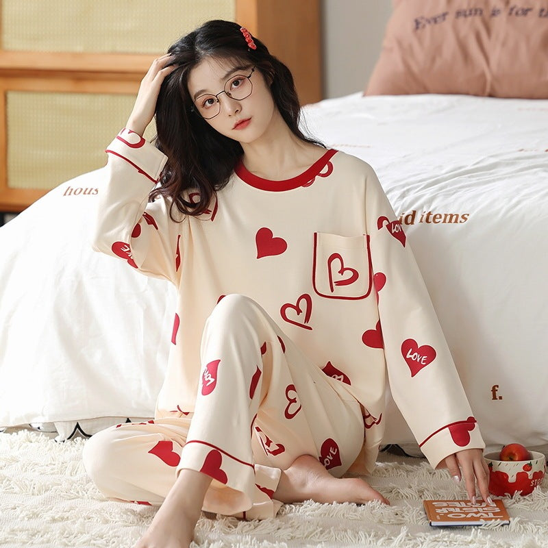 Relaxed Print Pajama Set Women Long Sleeve Cotton Polyester