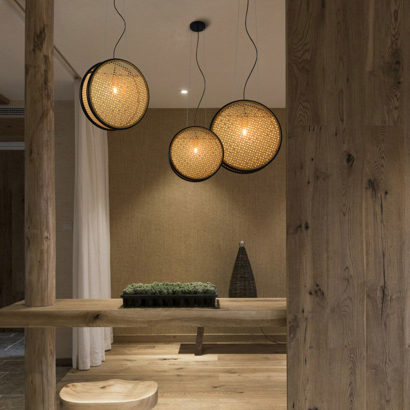 Rattan Iron Glass LED Pendant Light Chandelier For Kitchen