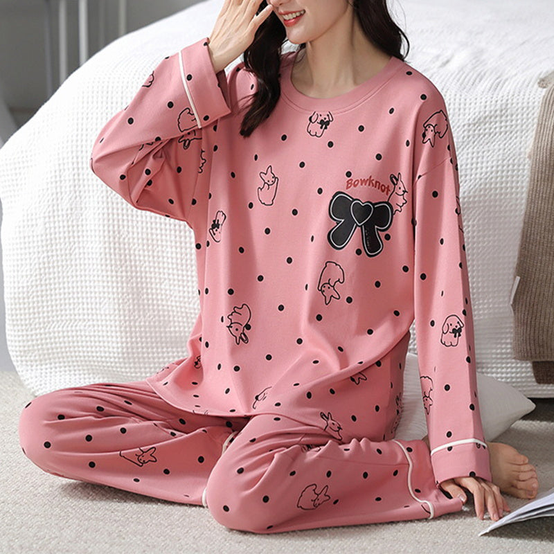 Relaxed Print Pajama Set Women Long Sleeve Cotton Polyester