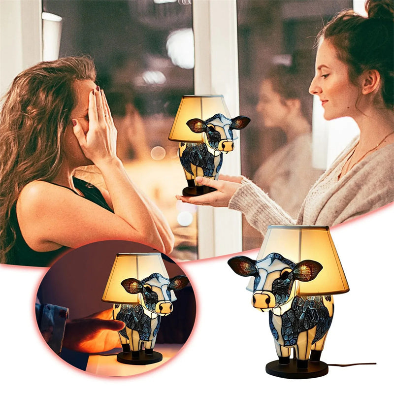 Resin Cow Table Lamp USB Powered Bedside Light With Shade