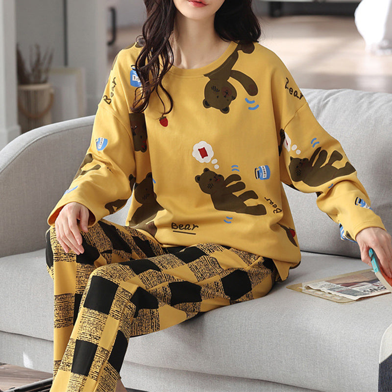 Relaxed Print Pajama Set Women Long Sleeve Cotton Polyester