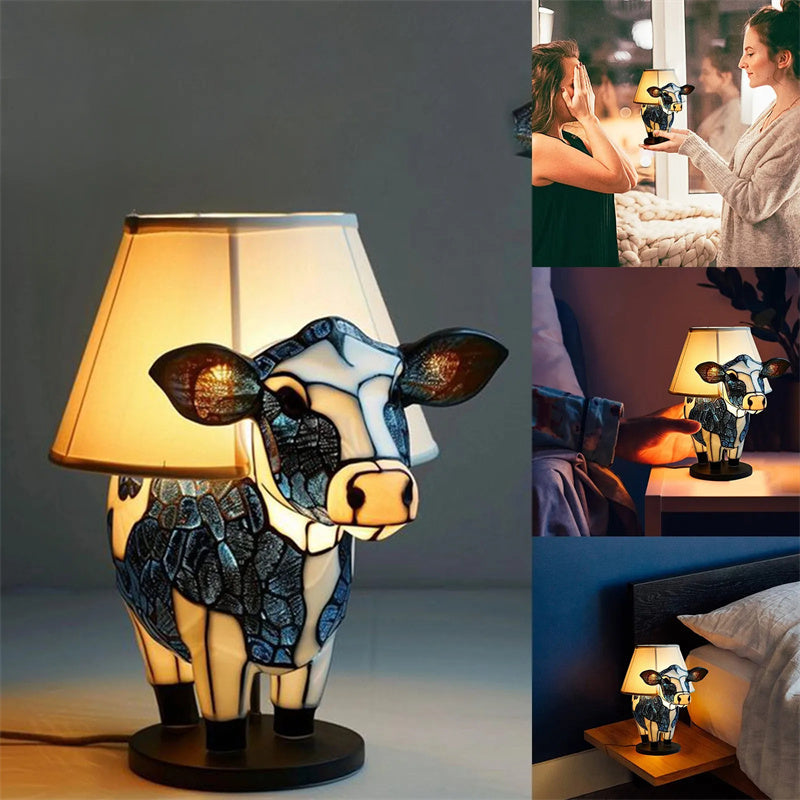 Resin Cow Table Lamp USB Powered Bedside Light With Shade