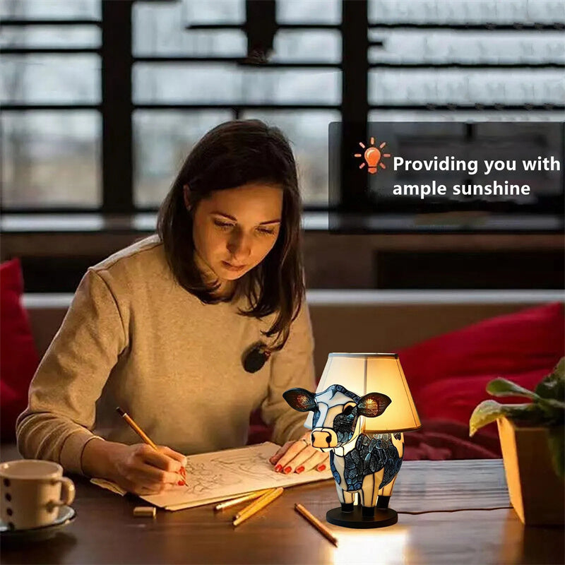 Resin Cow Table Lamp USB Powered Bedside Light With Shade