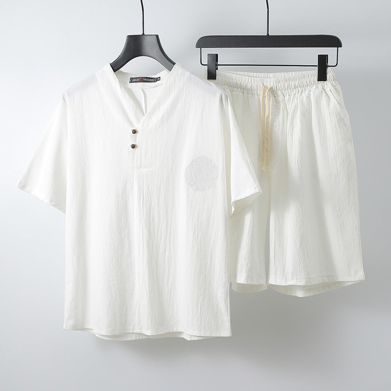 Relaxed Fit Cotton Two Piece Set Men's Short Sleeve Shorts