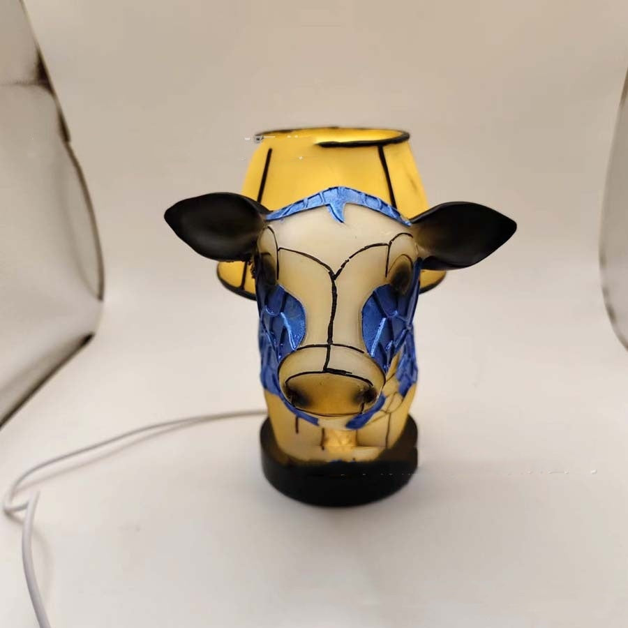 Resin Cow Table Lamp USB Powered Bedside Light With Shade