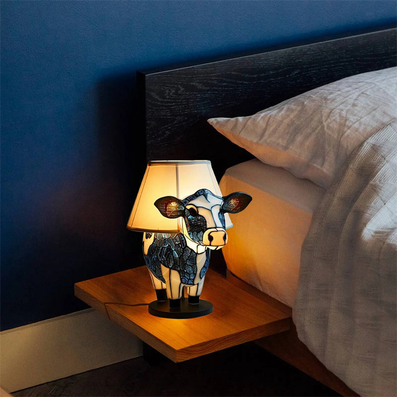 Resin Cow Table Lamp USB Powered Bedside Light With Shade