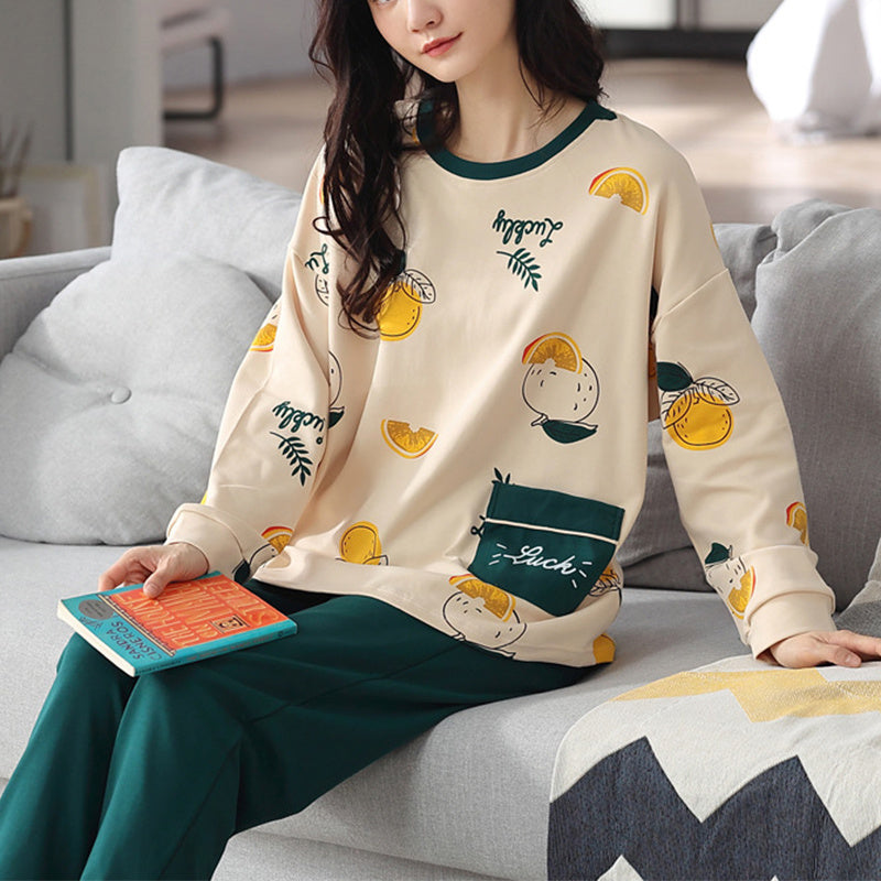 Relaxed Print Pajama Set Women Long Sleeve Cotton Polyester