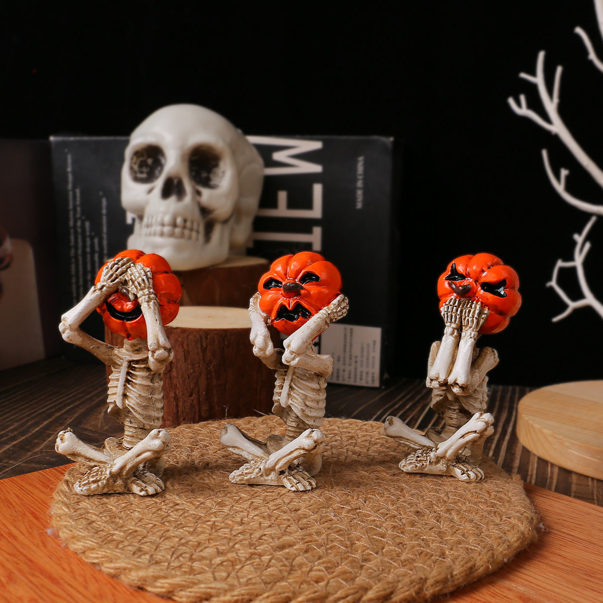 Resin Pumpkin Head Skull Ornaments Set For Halloween Decor