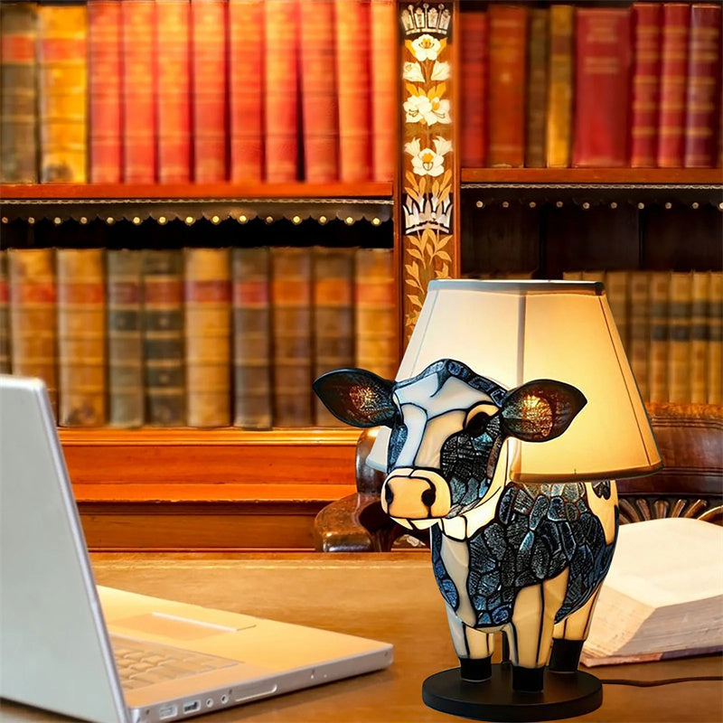 Resin Cow Table Lamp USB Powered Bedside Light With Shade