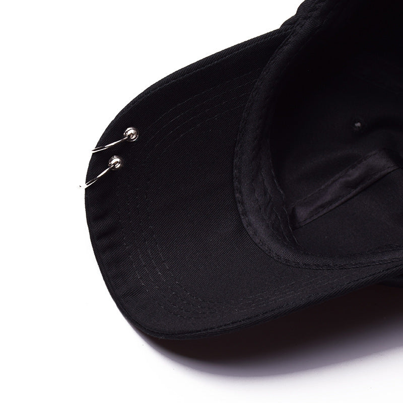 Unisex Twill Cotton Baseball Cap — Embroidered, Rivet Accents (Korean Style) — Black, Adjustable