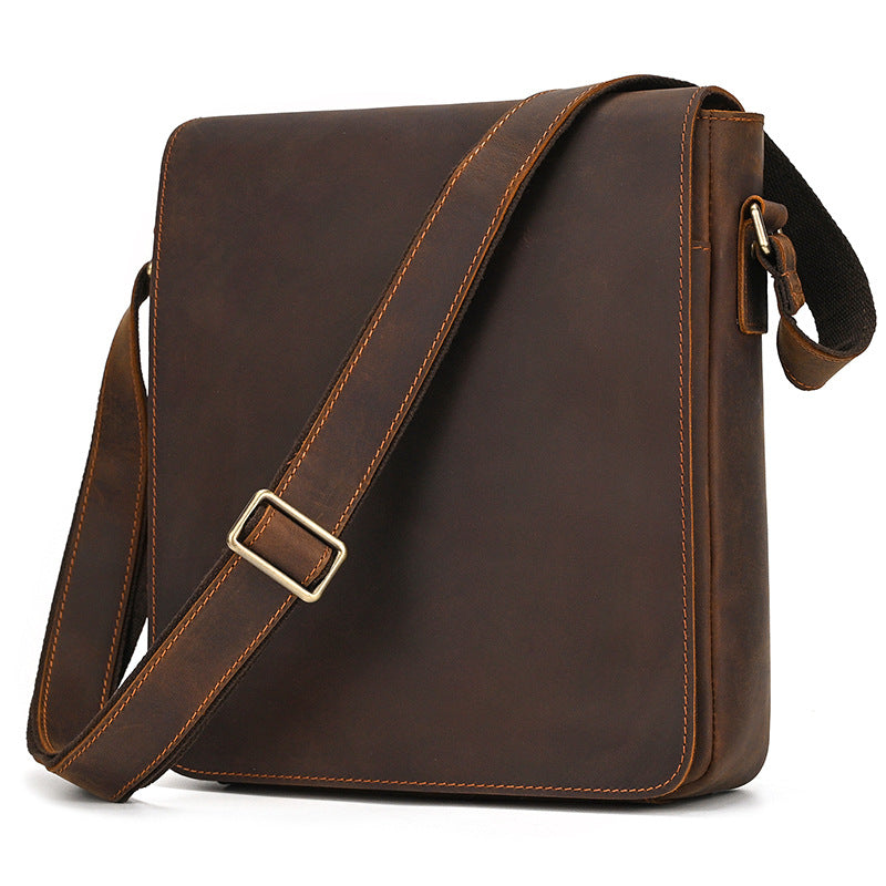 Unisex Crazy Horse Leather Crossbody Bag Solid Color