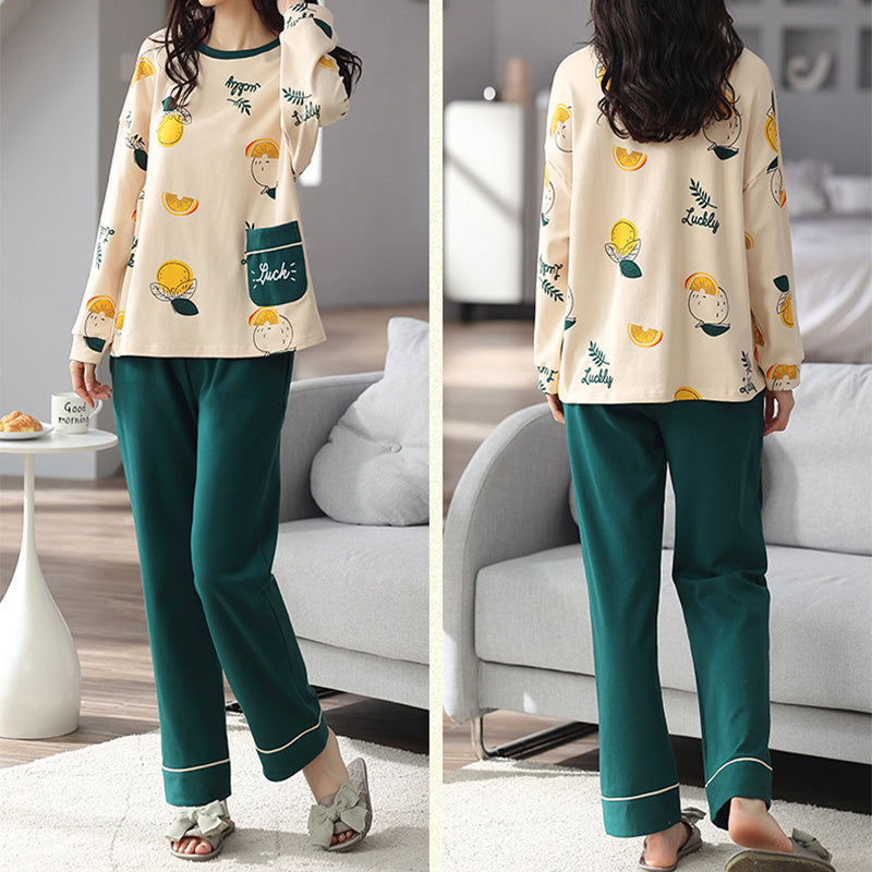 Relaxed Print Pajama Set Women Long Sleeve Cotton Polyester