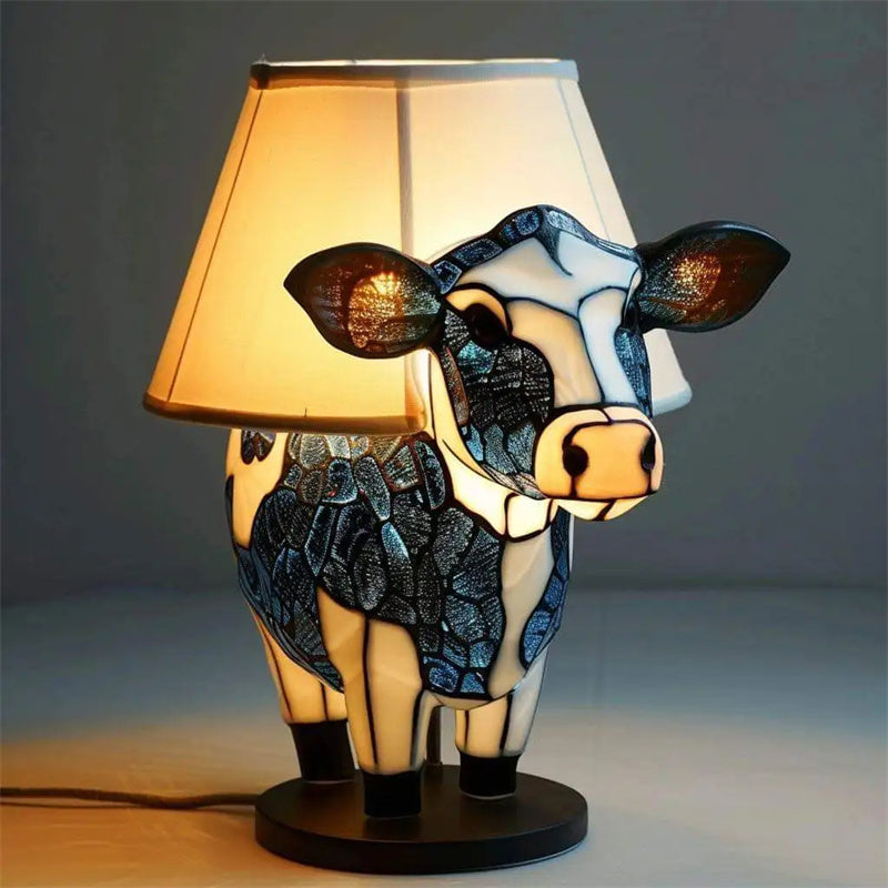 Resin Cow Table Lamp USB Powered Bedside Light With Shade