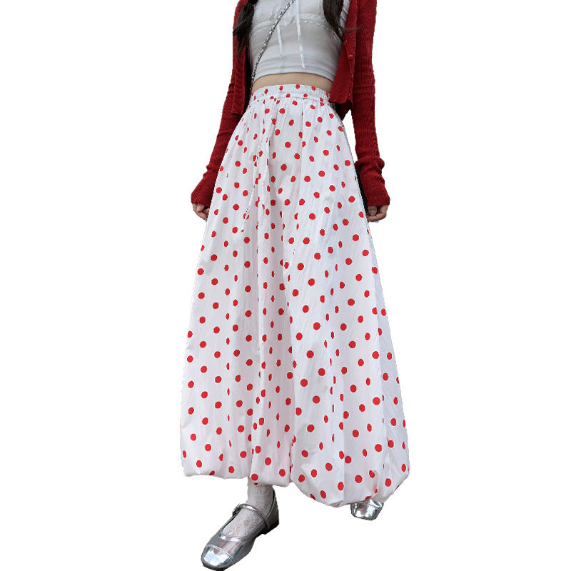 Red Polka Dot Retro Skirt – Women’s High Waist Polyester Vintage Style Skirt