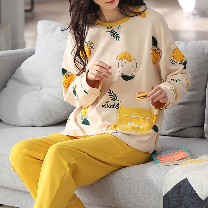 Relaxed Print Pajama Set Women Long Sleeve Cotton Polyester