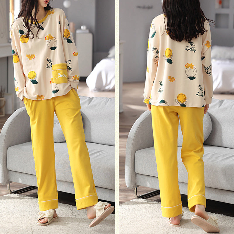 Relaxed Print Pajama Set Women Long Sleeve Cotton Polyester