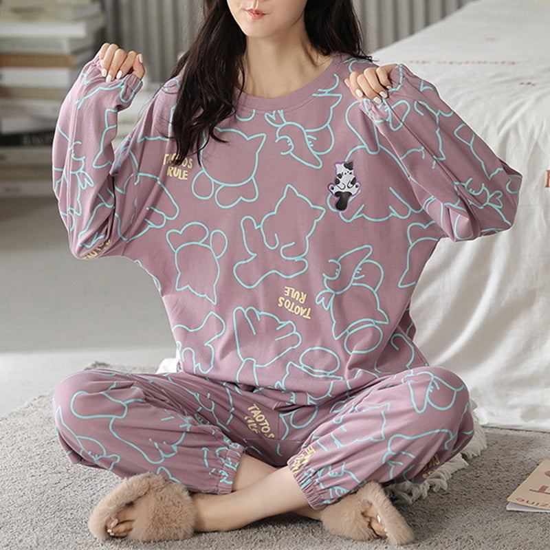 Relaxed Print Pajama Set Women Long Sleeve Cotton Polyester