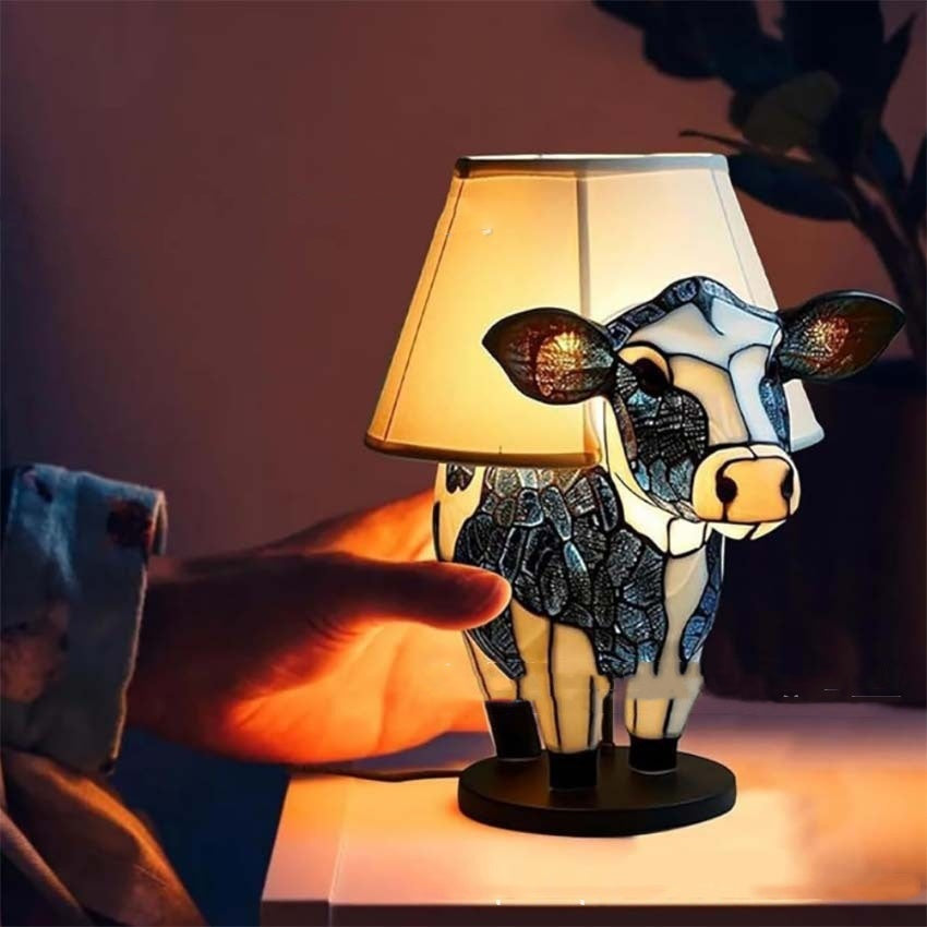 Resin Cow Table Lamp USB Powered Bedside Light With Shade