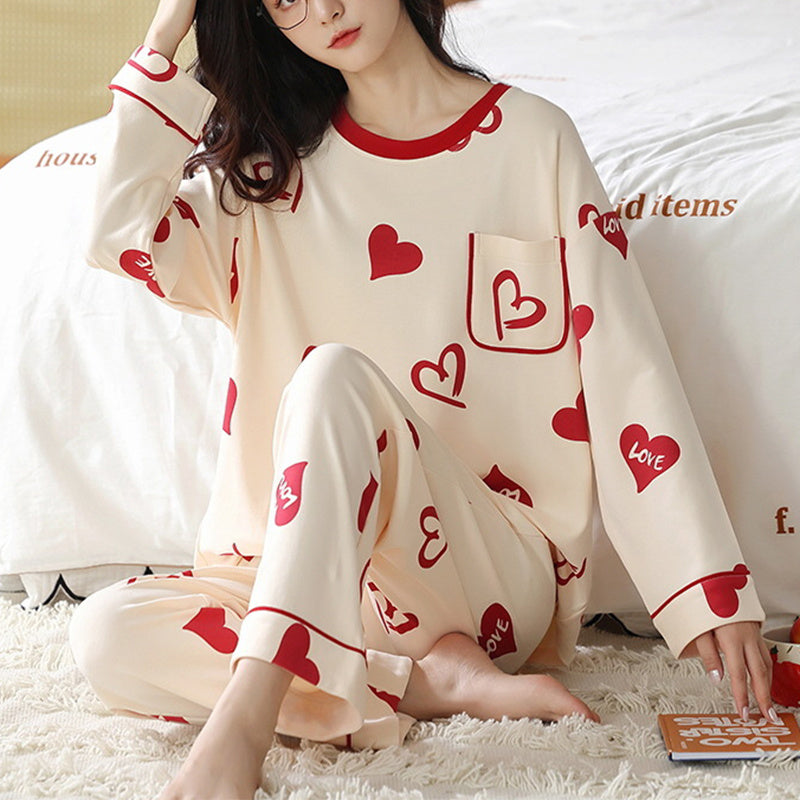 Relaxed Print Pajama Set Women Long Sleeve Cotton Polyester