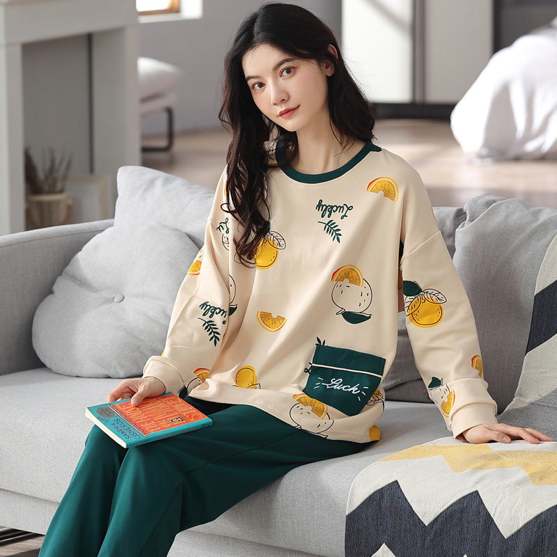 Relaxed Print Pajama Set Women Long Sleeve Cotton Polyester