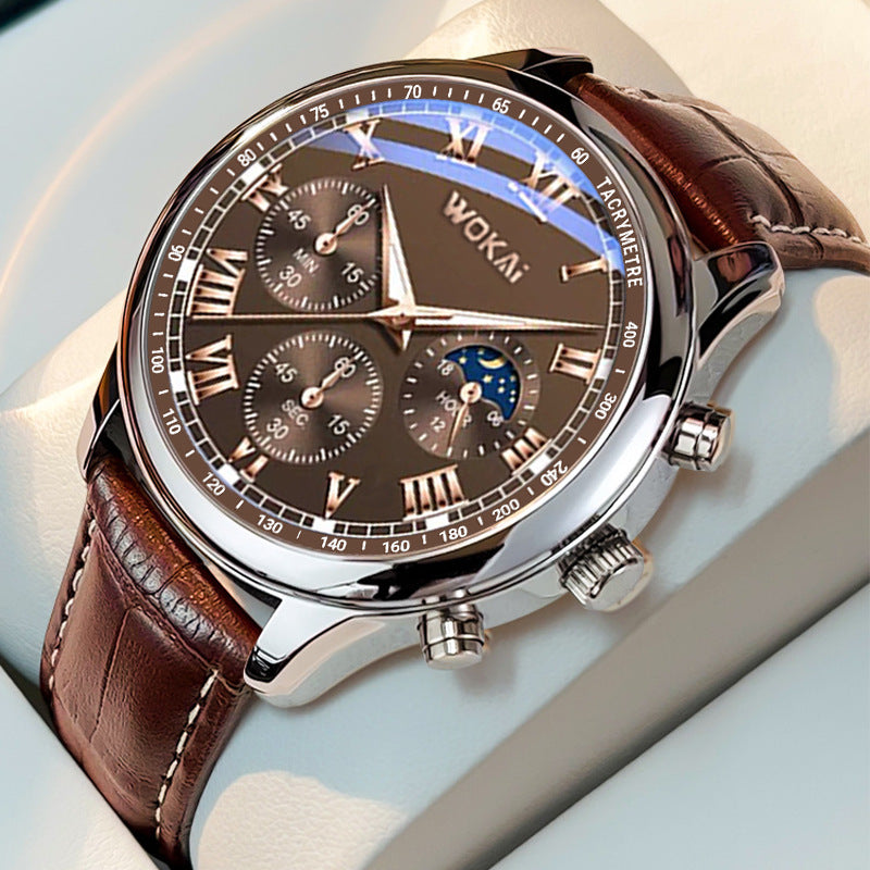 Men’s Quartz Sport Casual Watch with Brown PU Strap