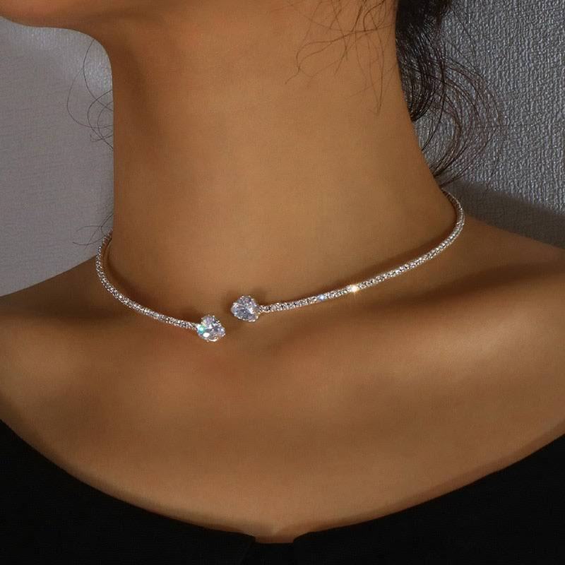 Silver Rhinestone Heart Choker Necklace for Women