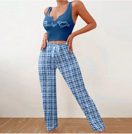Spring Summer Women’s Casual Pajamas Set – Vest & Color-Matching Plaid Trousers