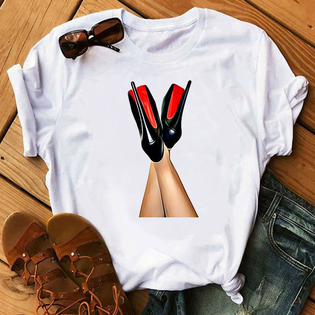 Women's High Heels Pattern Cute Loose Top T-shirt