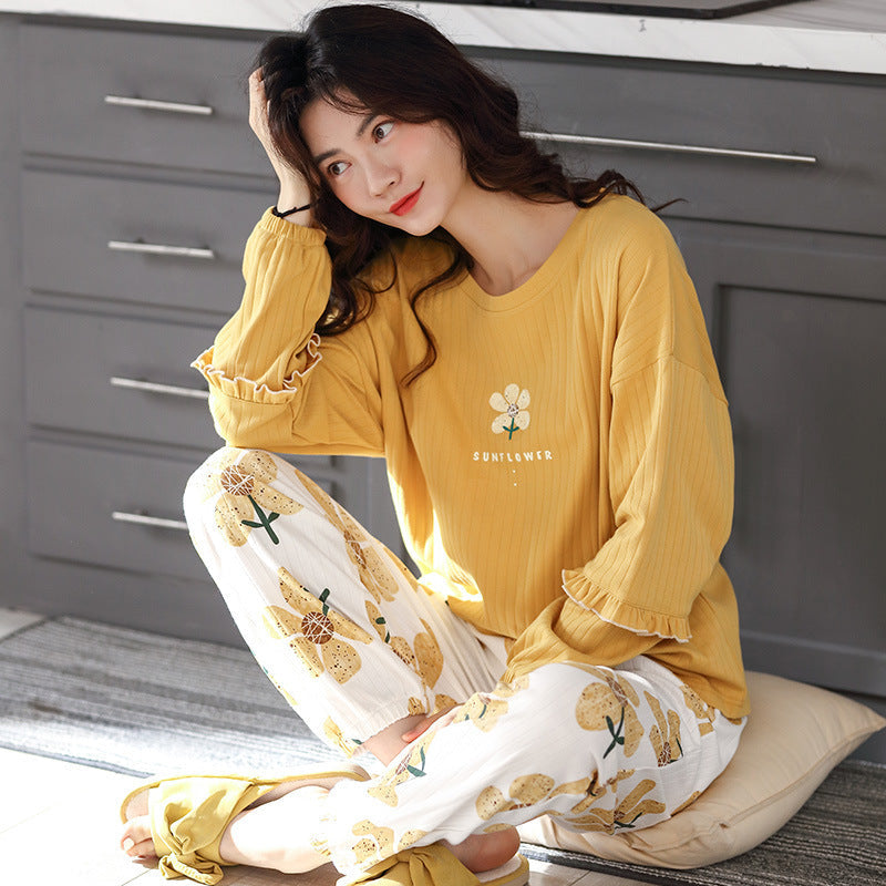 Women's Korean Style Cotton Pajamas Relaxed Fit Solid