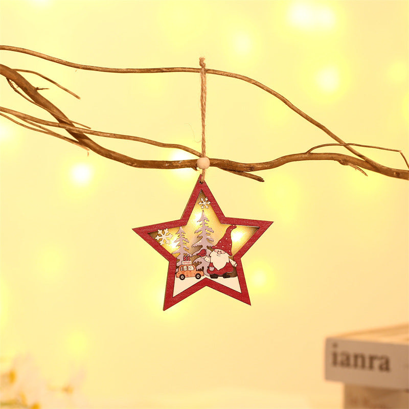 Wooden Luminous Pendant Christmas Tree Ornaments Round Five-pointed Star Pendant