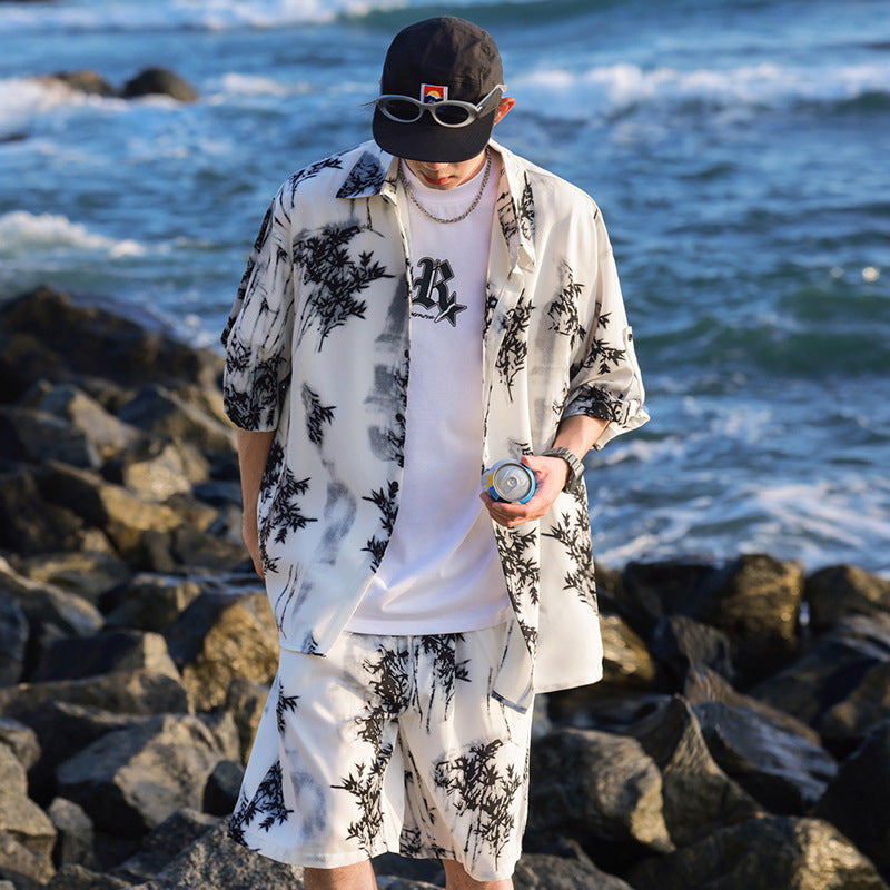 Ice Silk Tie-dye Sports Suit Men's Short-sleeve Shirt Beach Shorts Two-piece Set