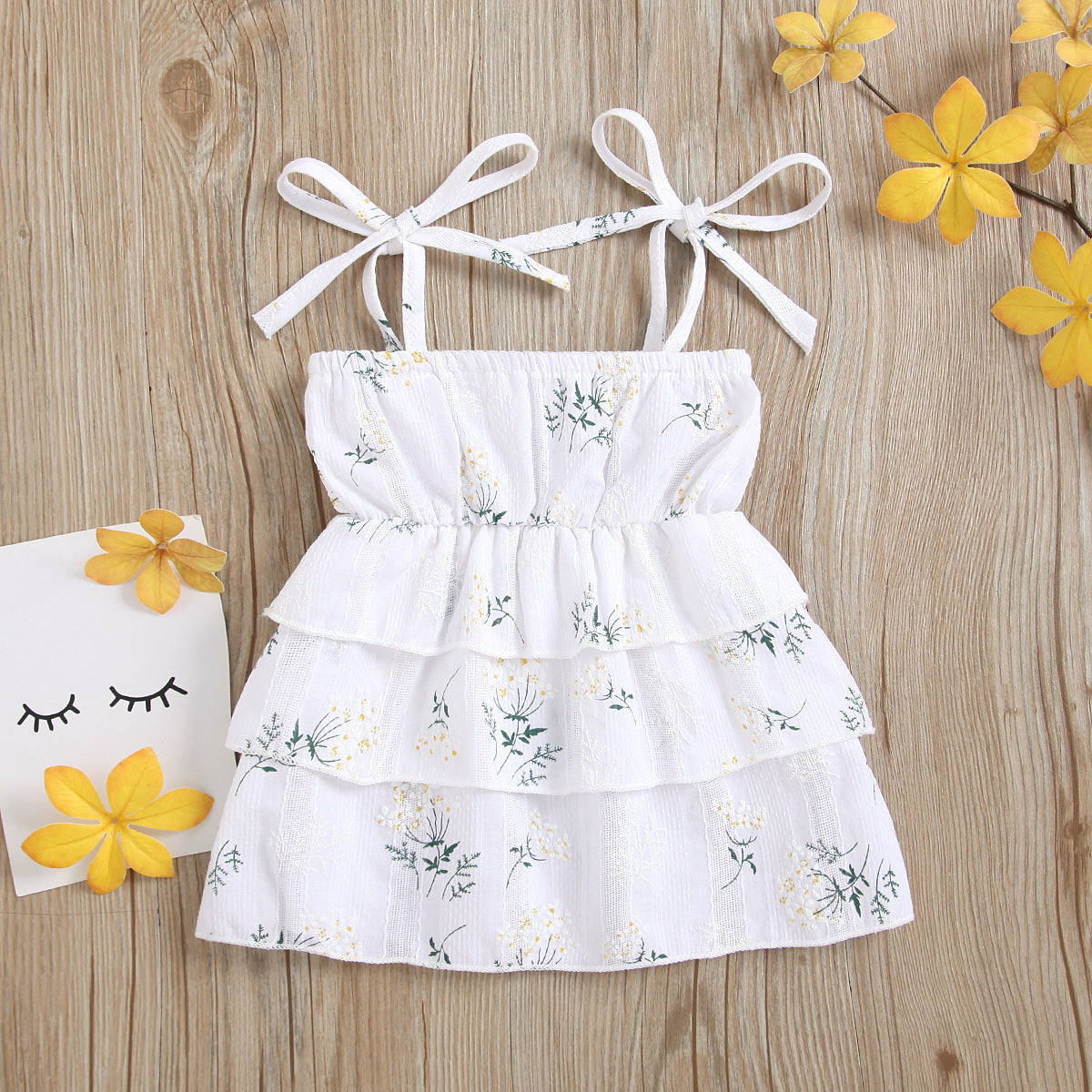 Girls Cotton Dress Casual Sleeveless Flower Strap Cake