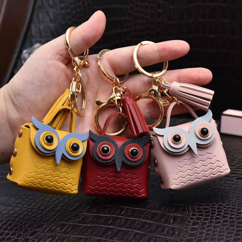 Unisex Leather Owl Motif Coin Purse Keychain Mini Wallet