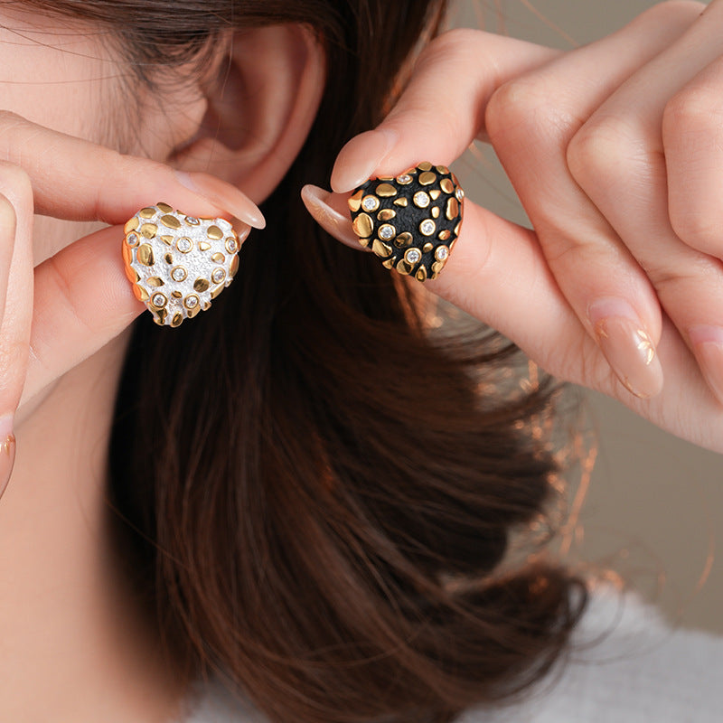 Gold Plating Silver Needle Zircon Dripping Oil Love Heart Earrings Autumn