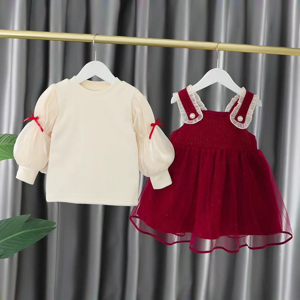 Girls' Bubble Sleeve Suspender Skirt Two-piece Suit Sending Blessing Bags