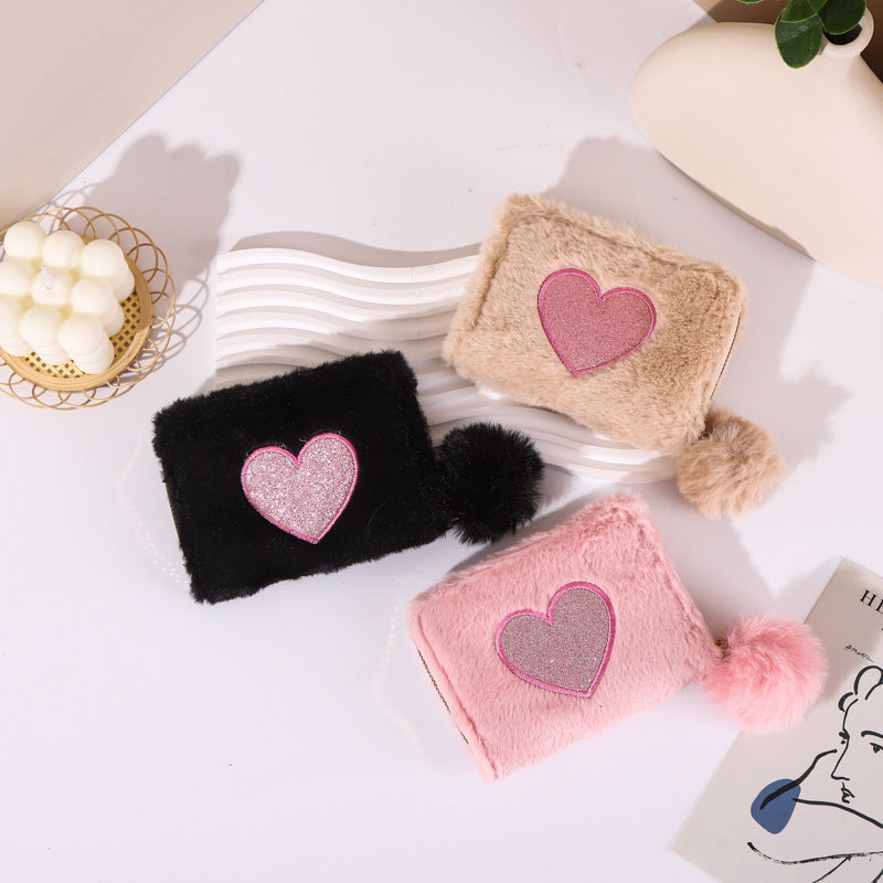 Unisex Plush Coin Purse Love Embroidered Zipper Wallet