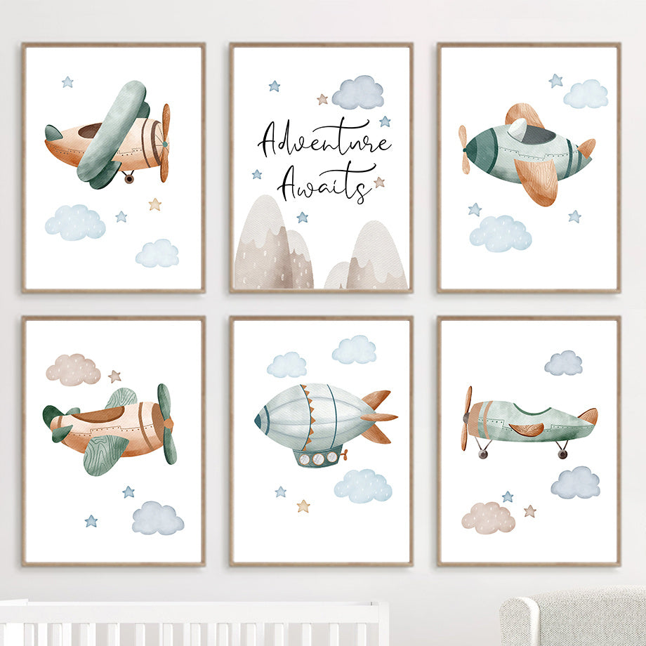 Children’s Room Wall Art – Cartoon Aircraft, Spaceship & Mountain Canvas Print