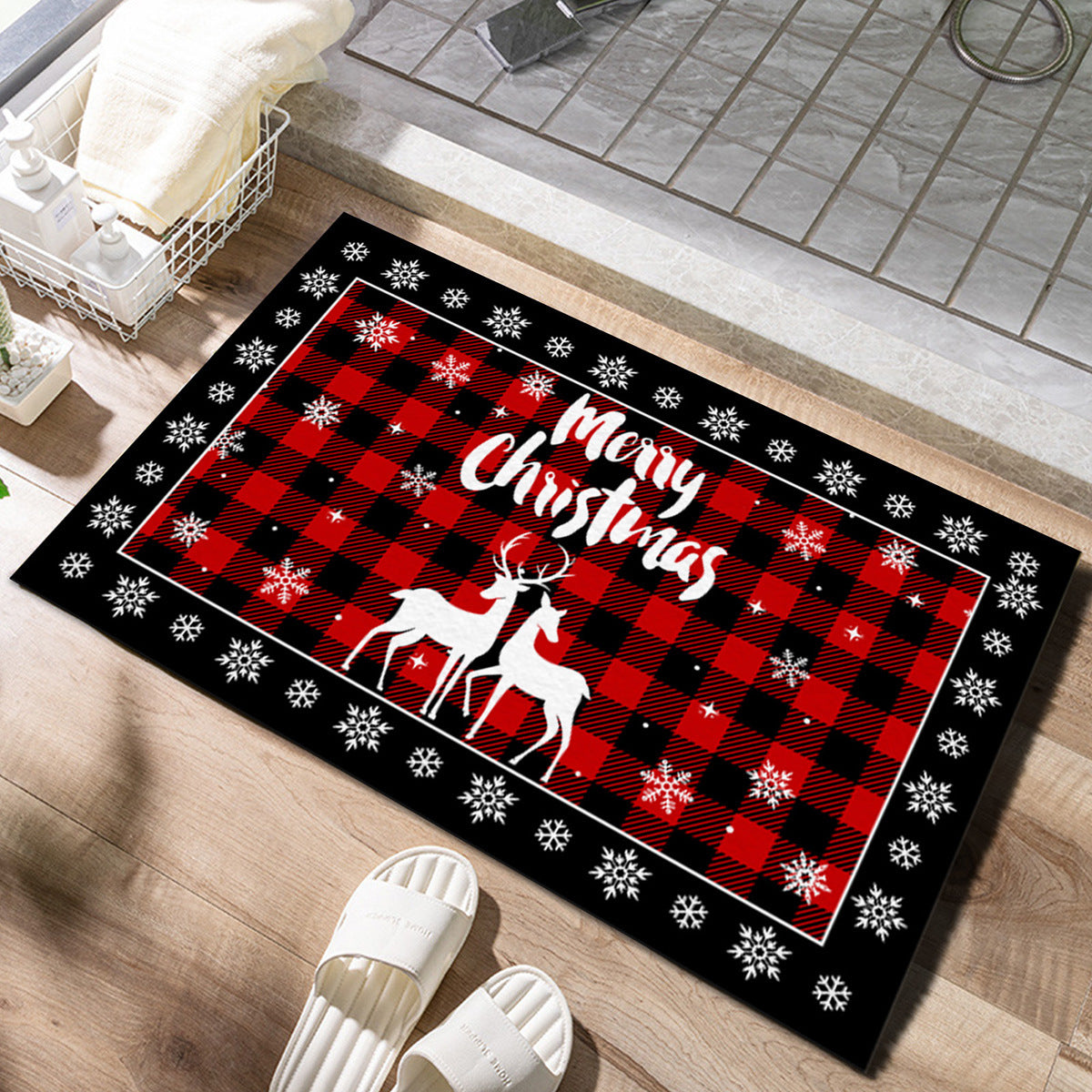 Christmas Non-slip Door Mat Black And Red Plaid Decorative Carpet
