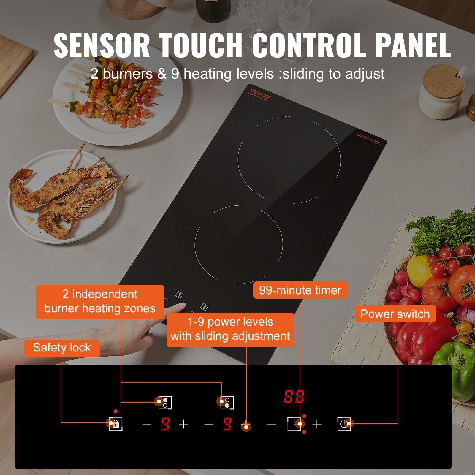 VEVOR Built In Electric Stove Top, 20 X 11.6 Inch 2 Burners, 240V Glass Radiant Cooktop With Sensor Touch Control, Timer & Child Lock Included, 9 Power Levels For Simmer Steam Slow Cook Fry