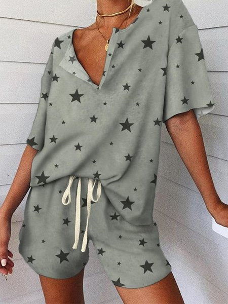 Unisex V Neck Short Sleeve Home Wear Set Blue Print Acetate