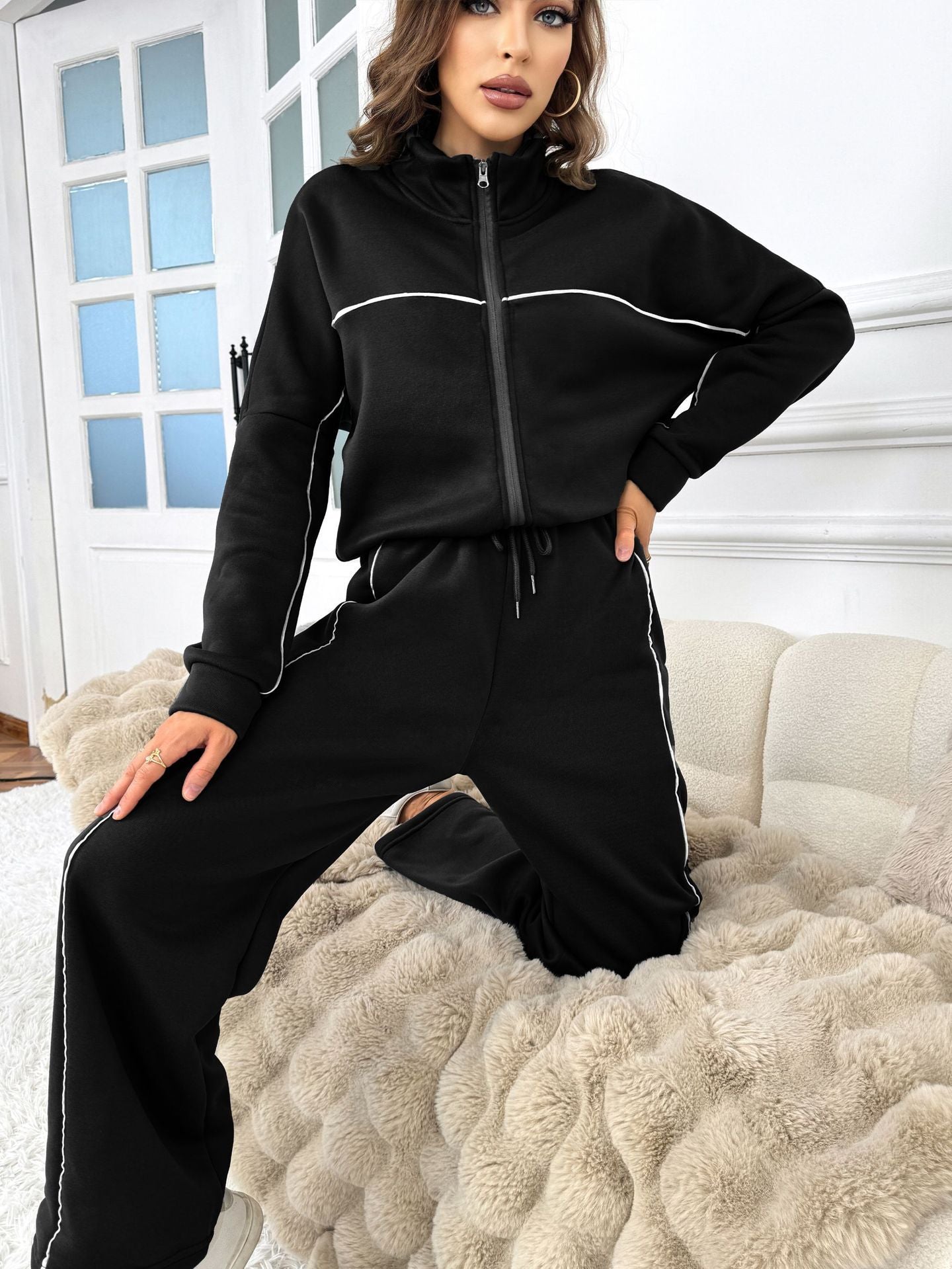 Women's Casual Long-sleeved Half Turtleneck Cardigan Sweater Lace-up Striped Trousers