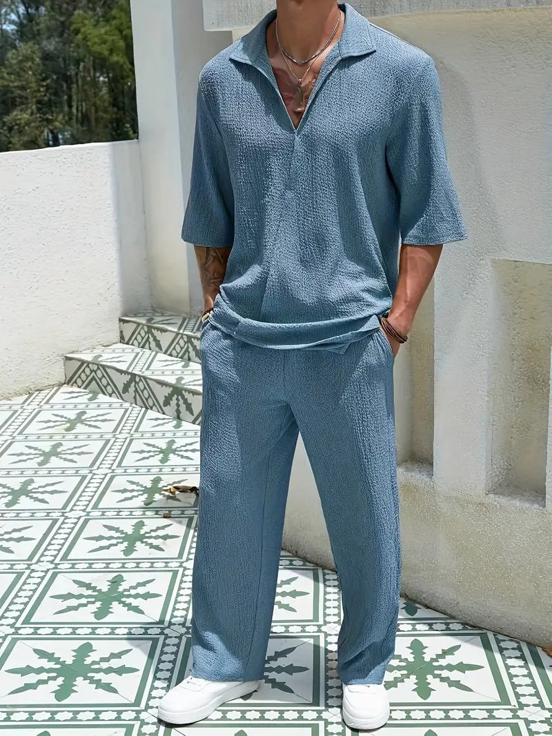Set Pants Commuter Casual Fir Sheean V-neck Lesh Laueyn Gearr Set Daa-piece Briwnyn Corrugated