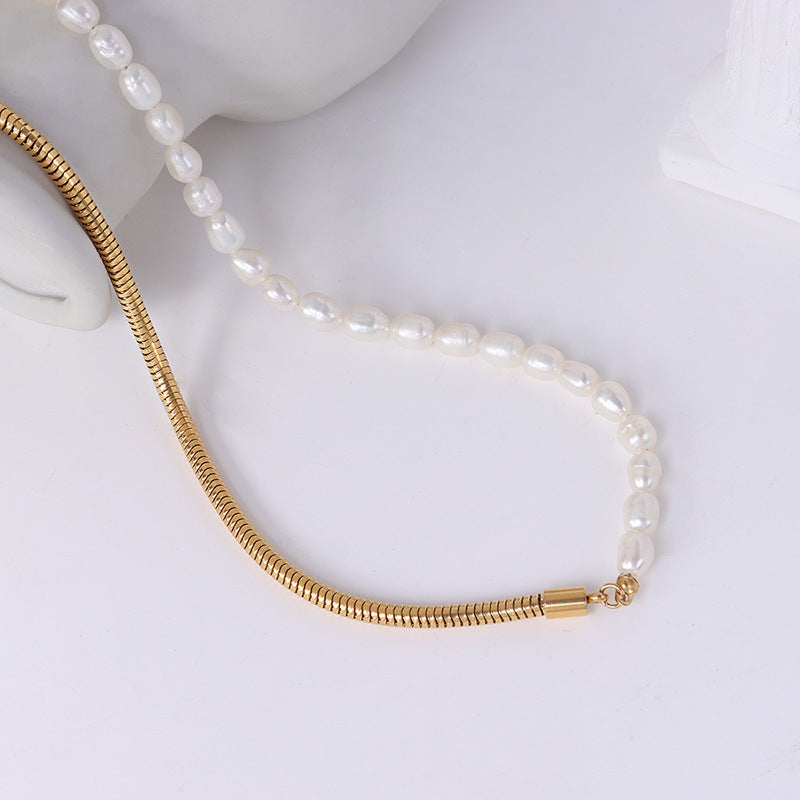 Popular Freshwater Pearl Necklace Heavy Metal Chain Design Titanium Steel Clavicle Chain