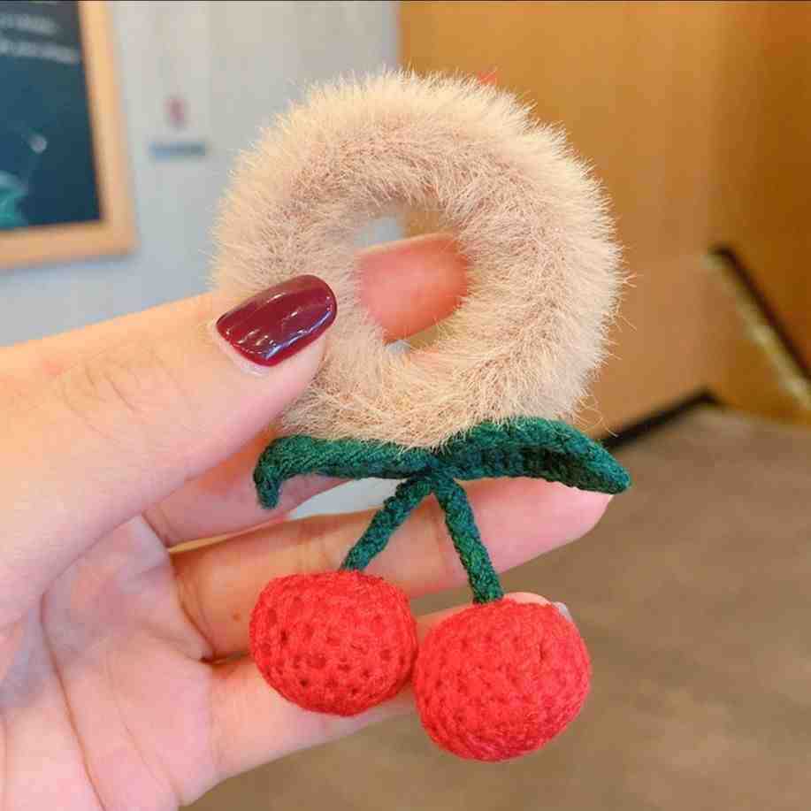 Beige Cherry Plush Hair Ring Children Baby Girl Sweet