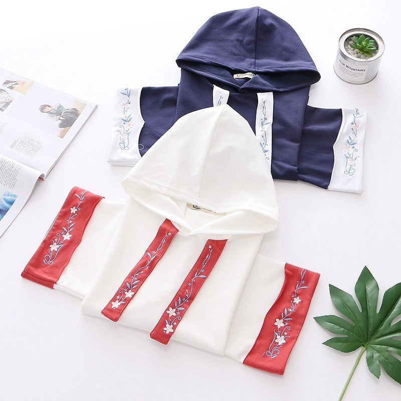 Women Embroidered Hooded Cotton Pullover Hoodie Solid Color