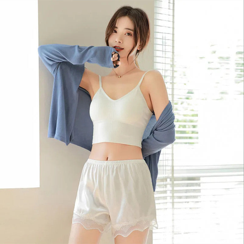 Women’s Ice Silk Safety Shorts – Seamless, Lace Trim, Loose Fit
