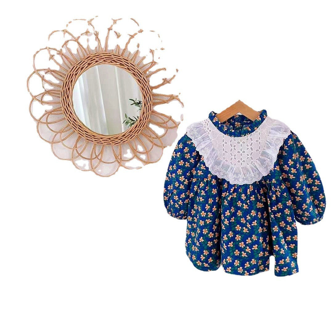 Navy Blue Floral Long Sleeve Dress With Lace Bib
