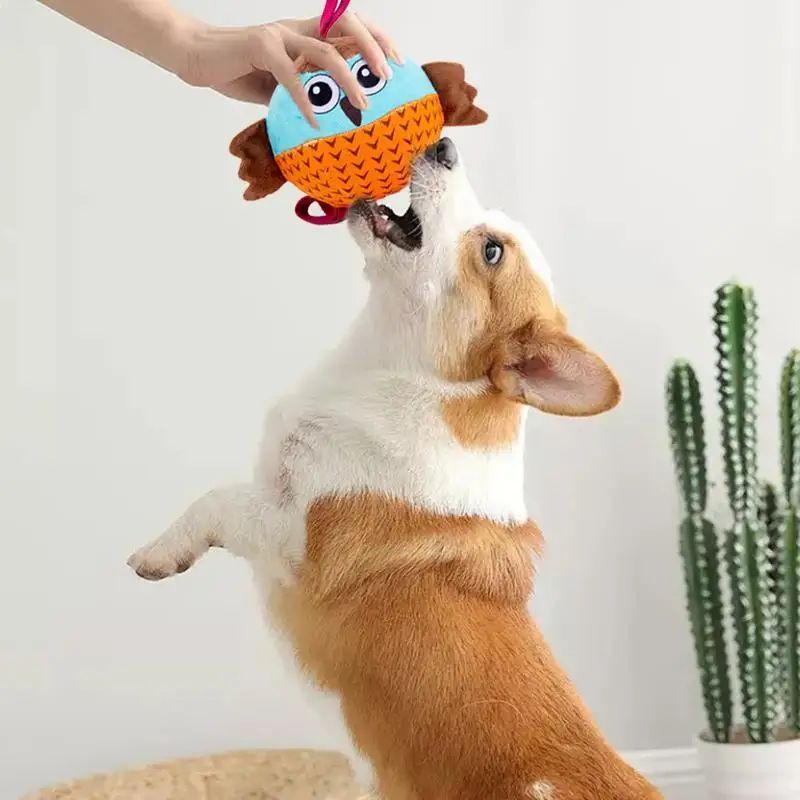 Interactive Inflatable Owl Ball Dog Chew Toy in Velvet and Rubber