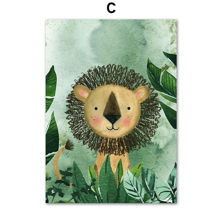 Jungle Animals Nursery Wall Art – Lion, Elephant, Giraffe, Zebra & Leopard Canvas Print