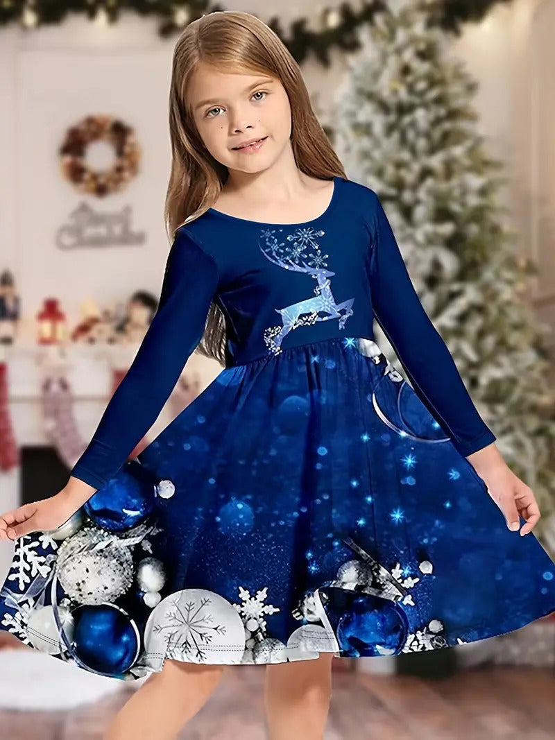 Girl's Long-sleeved Dress Christmas Deer